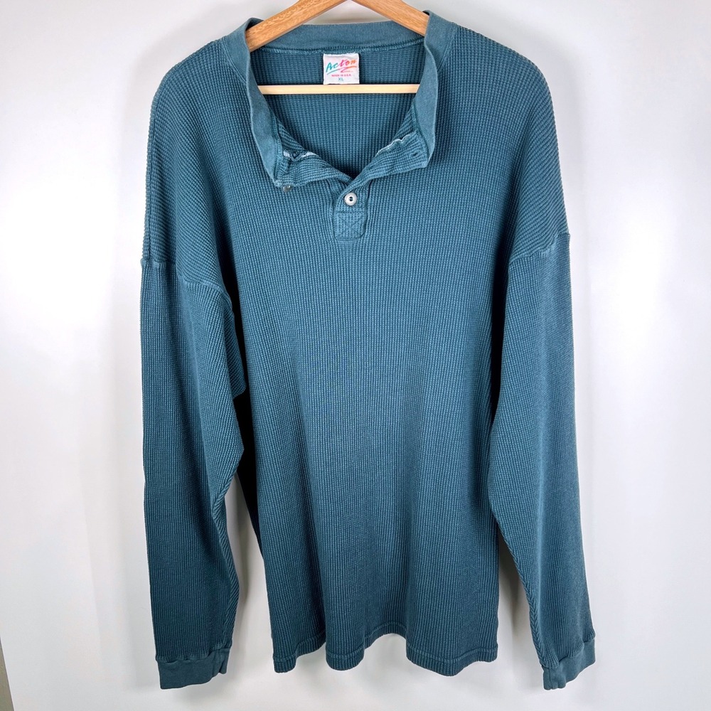 Acton Vintage Henley Shirt Mens XL Teal Blue Waffle Knit Thermal Made in USA 90s